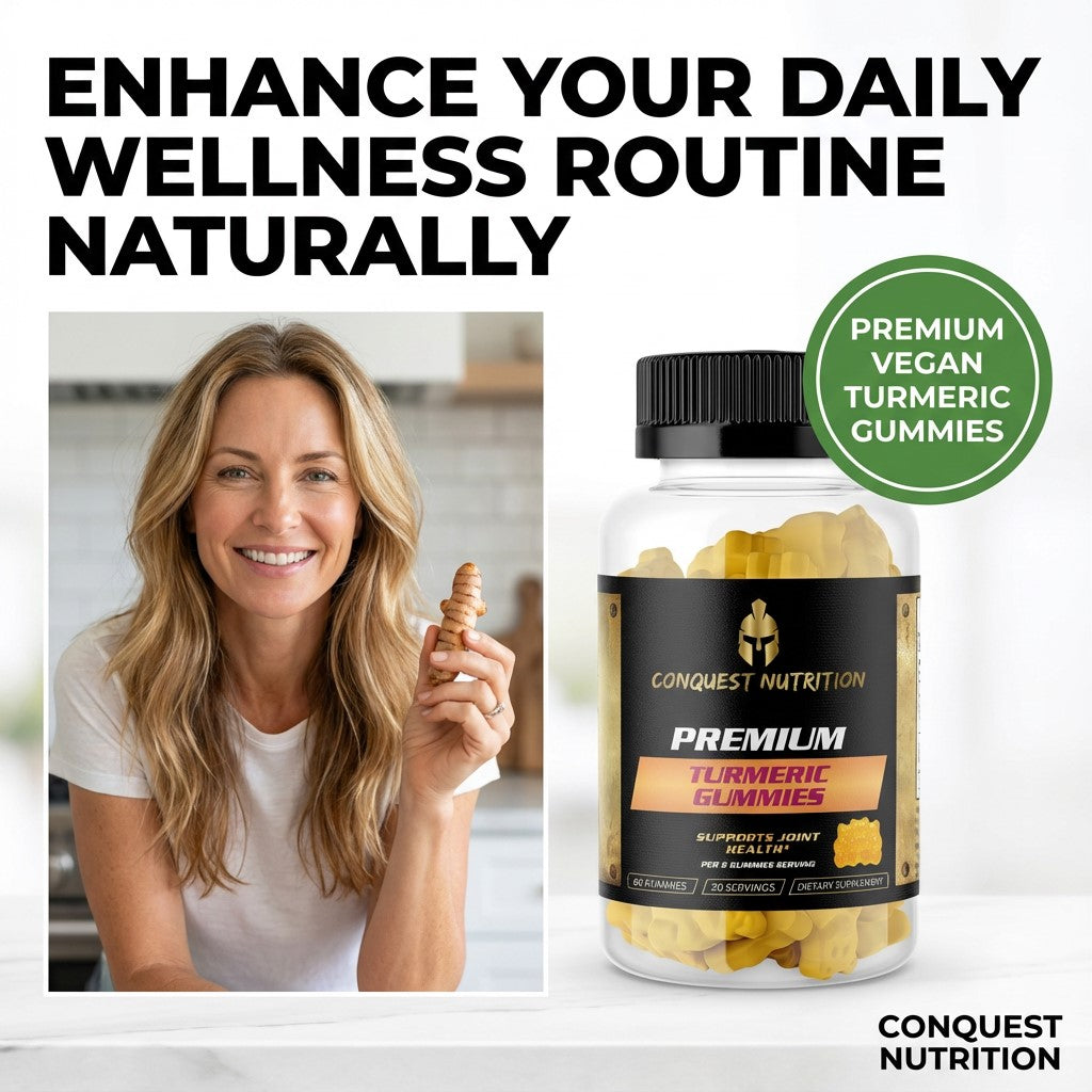 Bottle of Conquest Nutrition Premium Vegan Turmeric Gummies with a woman holding a gummy.
