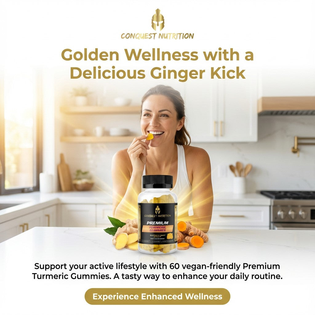 Woman in a kitchen holding a bottle of Conquest Nutrition gummies with text about golden wellness and ginger kick.