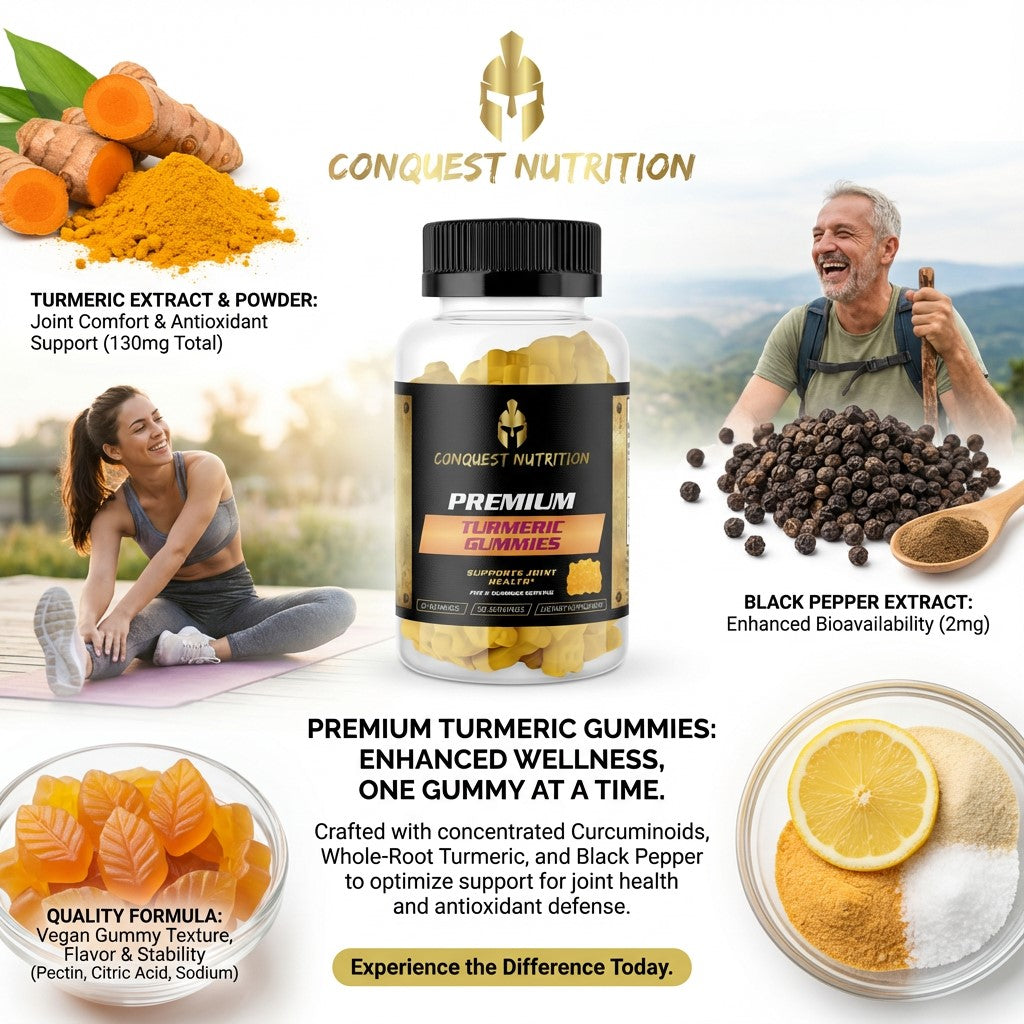 Advertisement for Conquest Nutrition Premium Turmeric Gummies with lifestyle images and product details.