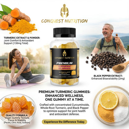 Advertisement for Conquest Nutrition Premium Turmeric Gummies with lifestyle images and product details.