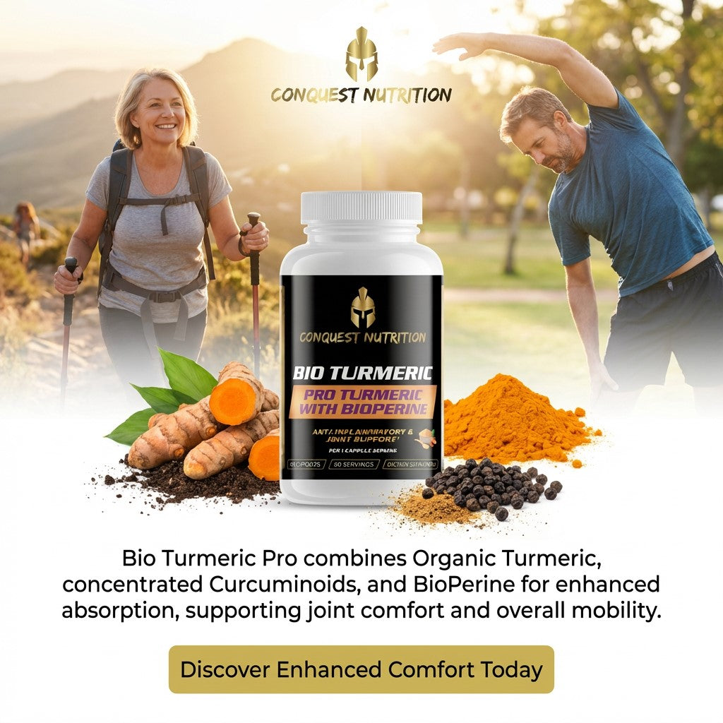 Conquest Nutrition Bio Turmeric Pro supplement bottle with people exercising outdoors in the background.