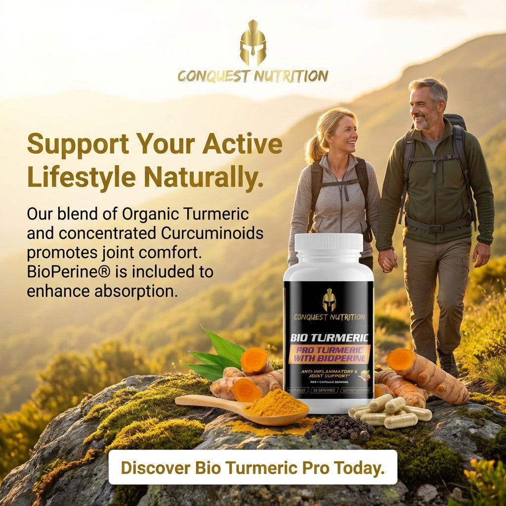 Advertisement for Conquest Nutrition Bio Turmeric Pro with a couple hiking in nature.