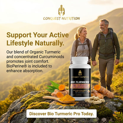 Advertisement for Conquest Nutrition Bio Turmeric Pro with a couple hiking in nature.