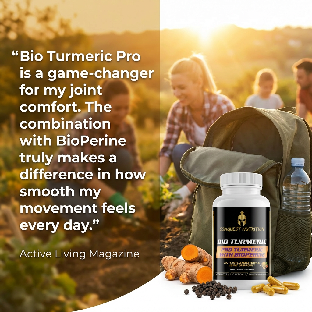 Conquest Nutrition Bio Turmeric Pro supplement with turmeric root, black pepper, and capsules on a white background.
