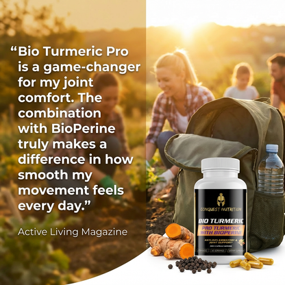 Conquest Nutrition Bio Turmeric Pro supplement with turmeric root, black pepper, and capsules on a white background.