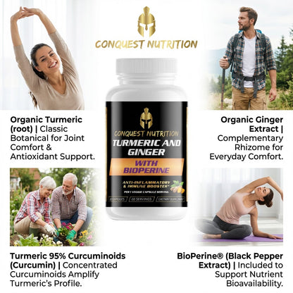 Conquest Nutrition Turmeric and Ginger supplement bottle with lifestyle images and product details.