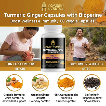 Conquest Nutrition Turmeric Ginger Capsules with Bioperine advertisement showing before and after scenarios.