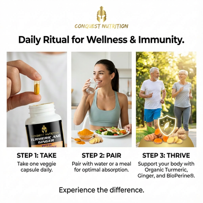 Conquest Nutrition advertisement for daily wellness routine with images of a person taking a capsule, a woman eating, and an elderly couple exercising.