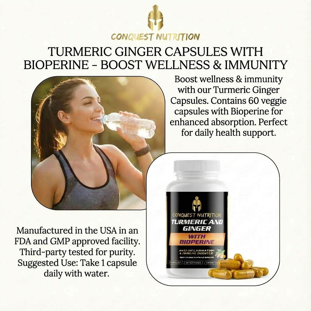 Advertisement for Conquest Nutrition Turmeric Ginger Capsules with Bioperine, featuring a woman drinking water and the product packaging.