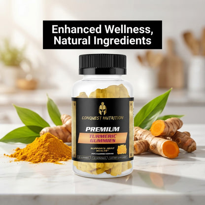 Bottle of Conquest Nutrition Premium Turmeric Gummies with turmeric roots and powder on a marble surface.