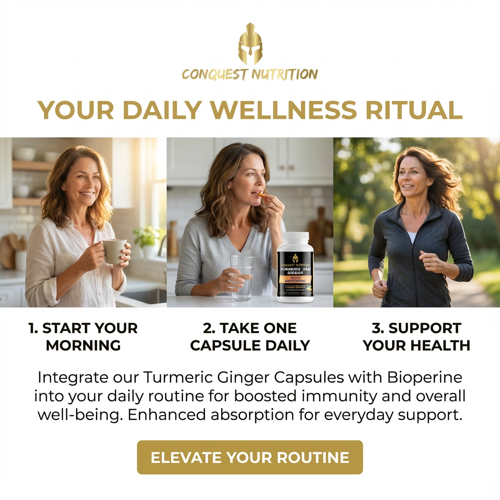 Advertisement for Conquest Nutrition with a woman in different settings and text about daily wellness routine.