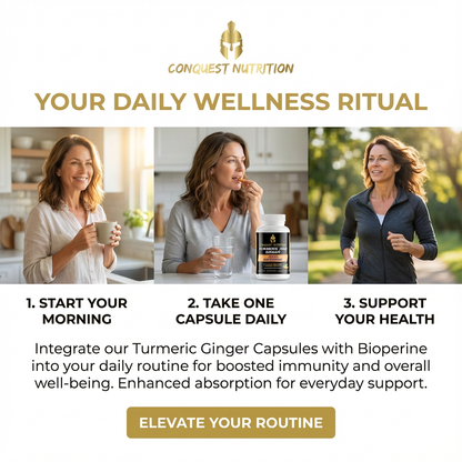 Advertisement for Conquest Nutrition with a woman in different settings and text about daily wellness routine.