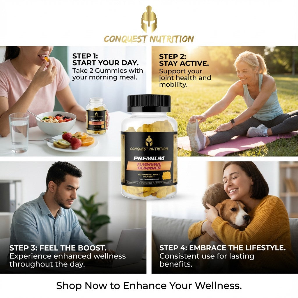 Advertisement for Conquest Nutrition gummies with lifestyle images and text on wellness steps.