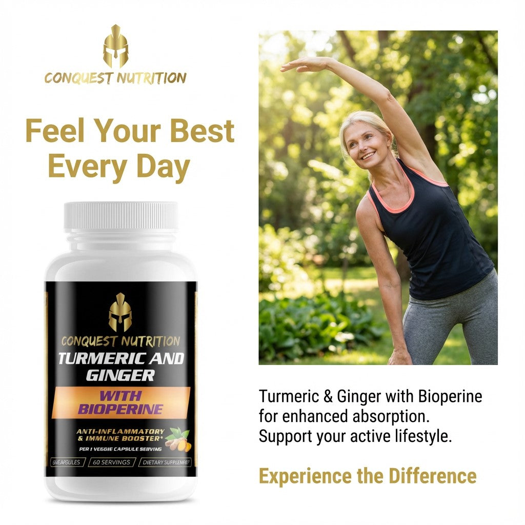 Conquest Nutrition supplement bottle with a woman exercising outdoors, featuring text about health and wellness.