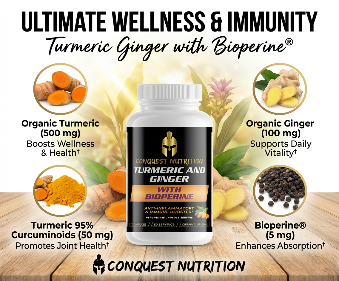 Conquest Nutrition Turmeric and Ginger supplement bottle with ingredients and benefits on a wooden surface.
