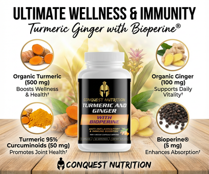 Conquest Nutrition Turmeric and Ginger supplement bottle with ingredients and benefits on a wooden surface.