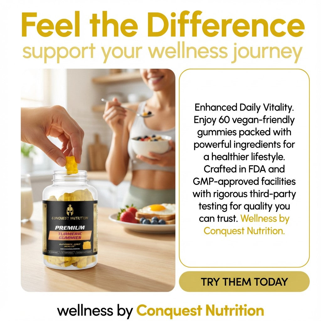 Advertisement for Conquest Nutrition gummies with a woman eating a bowl of fruit in the background.
