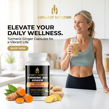 Woman holding a smoothie with Conquest Nutrition turmeric ginger capsules in the foreground.