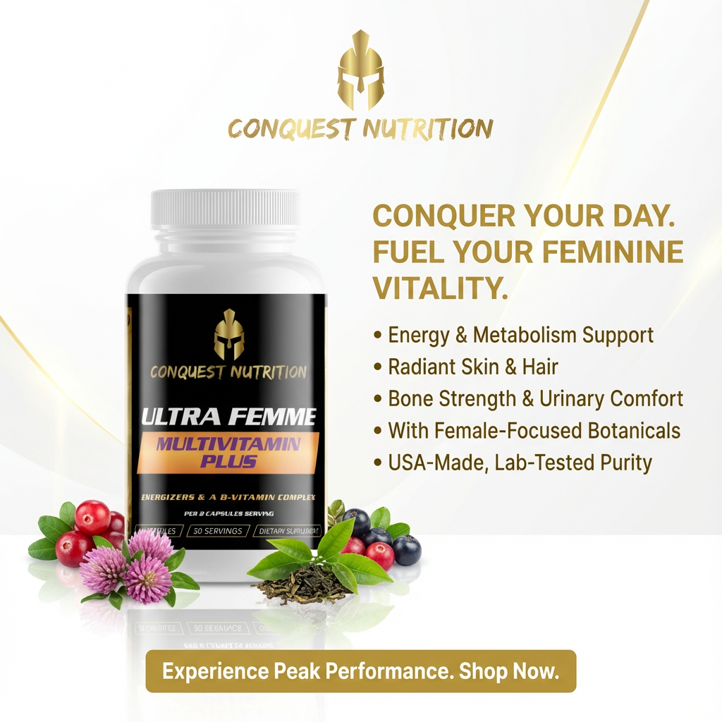 Conquest Nutrition Ultra Femme Multivitamin Plus bottle with promotional text on a white background
