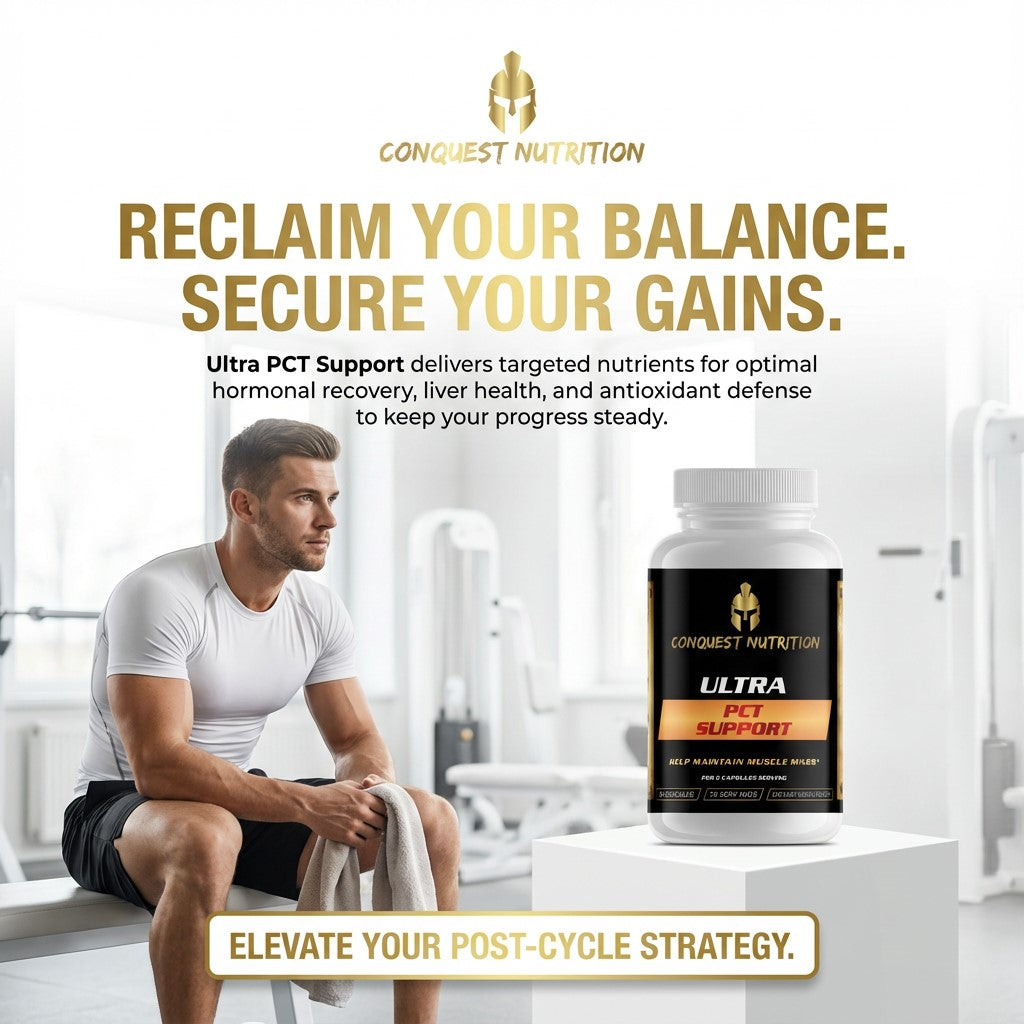 Advertisement for Conquest Nutrition Ultra PCT Support supplement with a man in a gym setting.