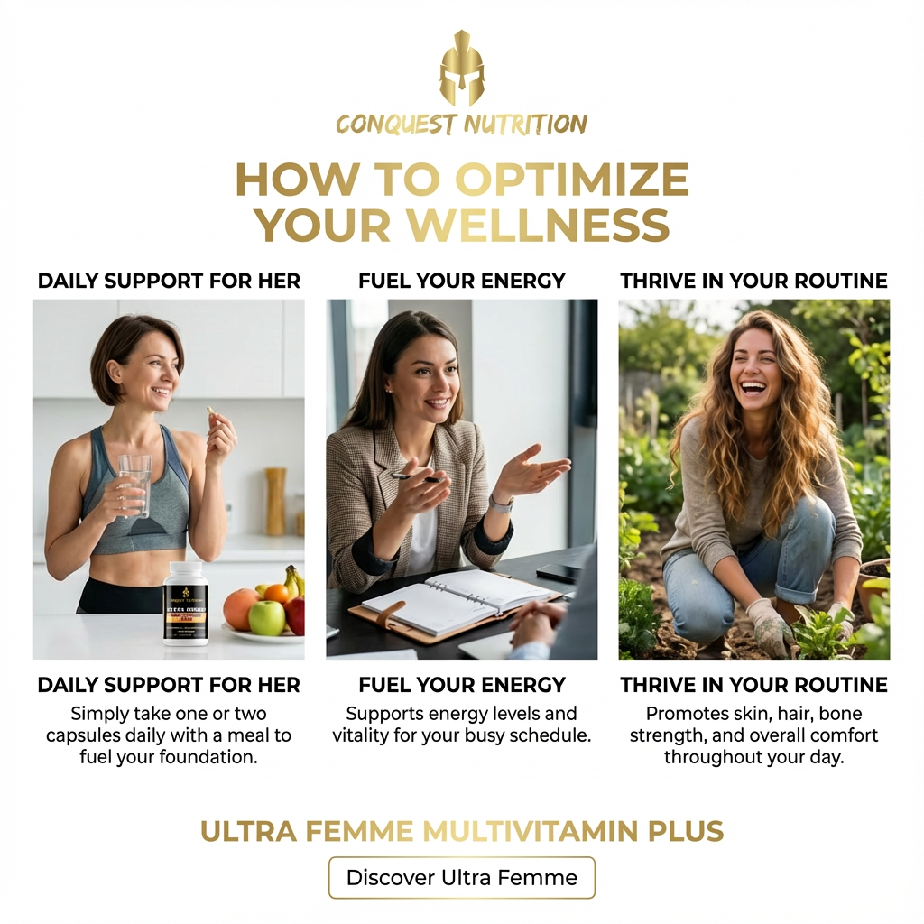 Advertisement for Conquest Nutrition Ultra Femme Multivitamin Plus with images of women and text on optimizing wellness.