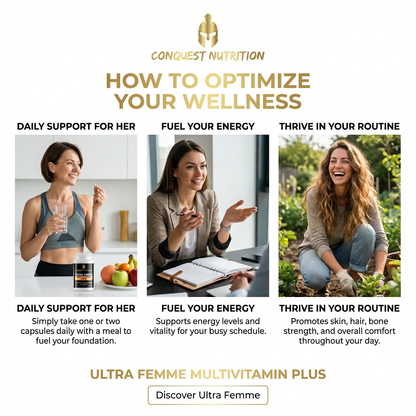 Advertisement for Conquest Nutrition Ultra Femme Multivitamin Plus with images of women and text on optimizing wellness.