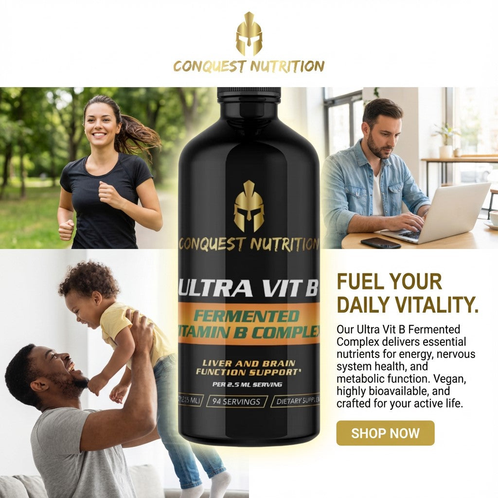 Conquest Nutrition Ultra Vit B supplement bottle with lifestyle images of a woman running, a man working, and a father holding a child.