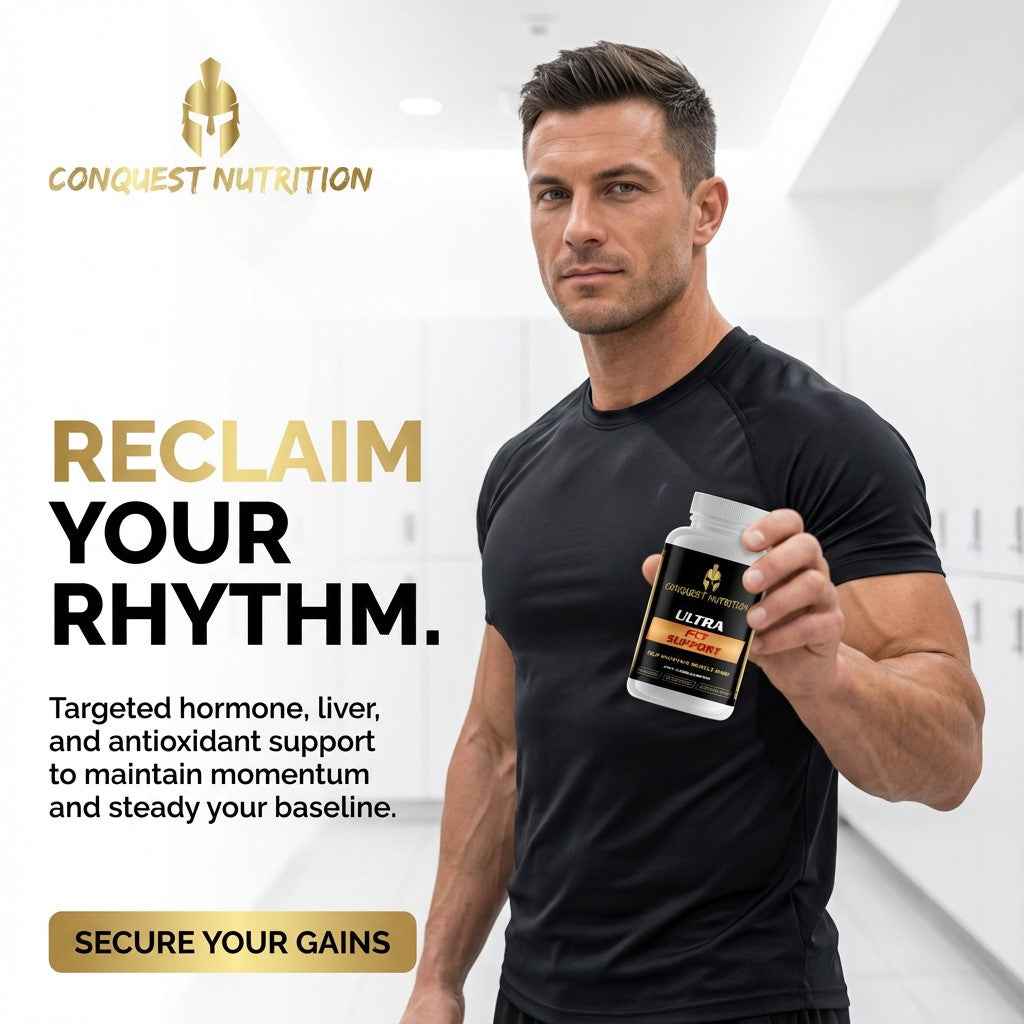 Man holding a supplement container with 'Conquest Nutrition' branding and promotional text.
