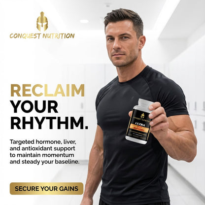 Man holding a supplement container with 'Conquest Nutrition' branding and promotional text.
