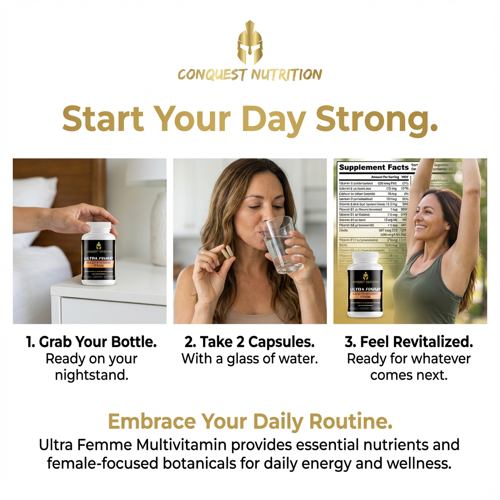 Advertisement for Conquest Nutrition Ultra Femme Multivitamin with steps to start your day strong.