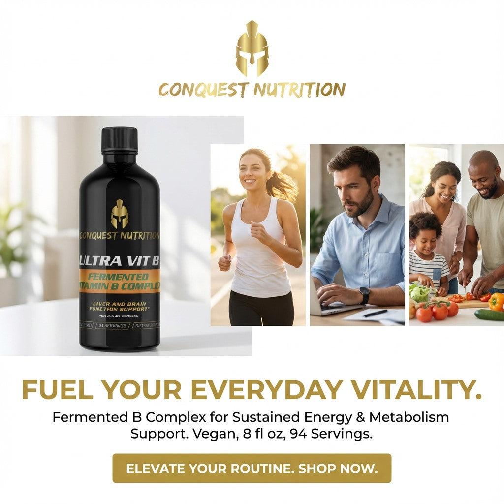 Conquest Nutrition Ultra Vit B supplement bottle with lifestyle images and promotional text.