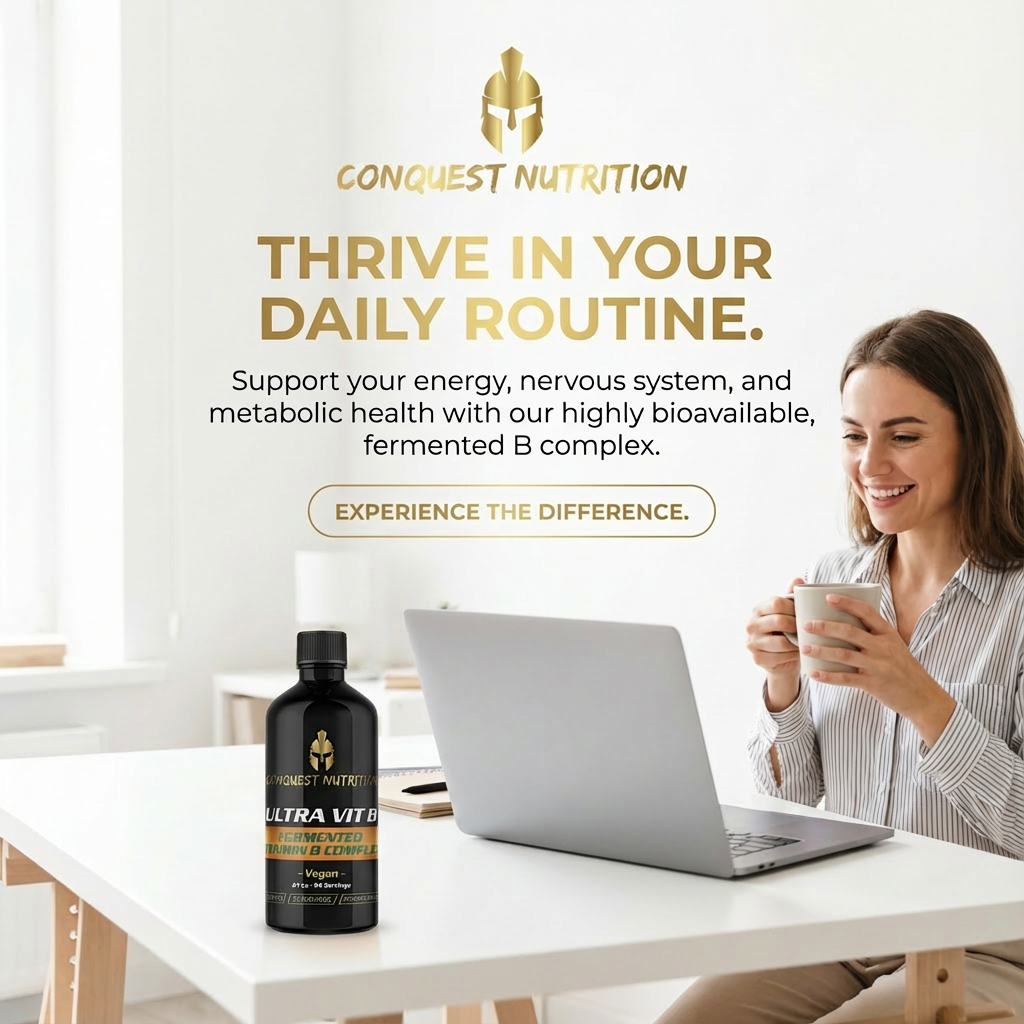 Woman at a desk with a laptop and cup, with Conquest Nutrition branding and product display.