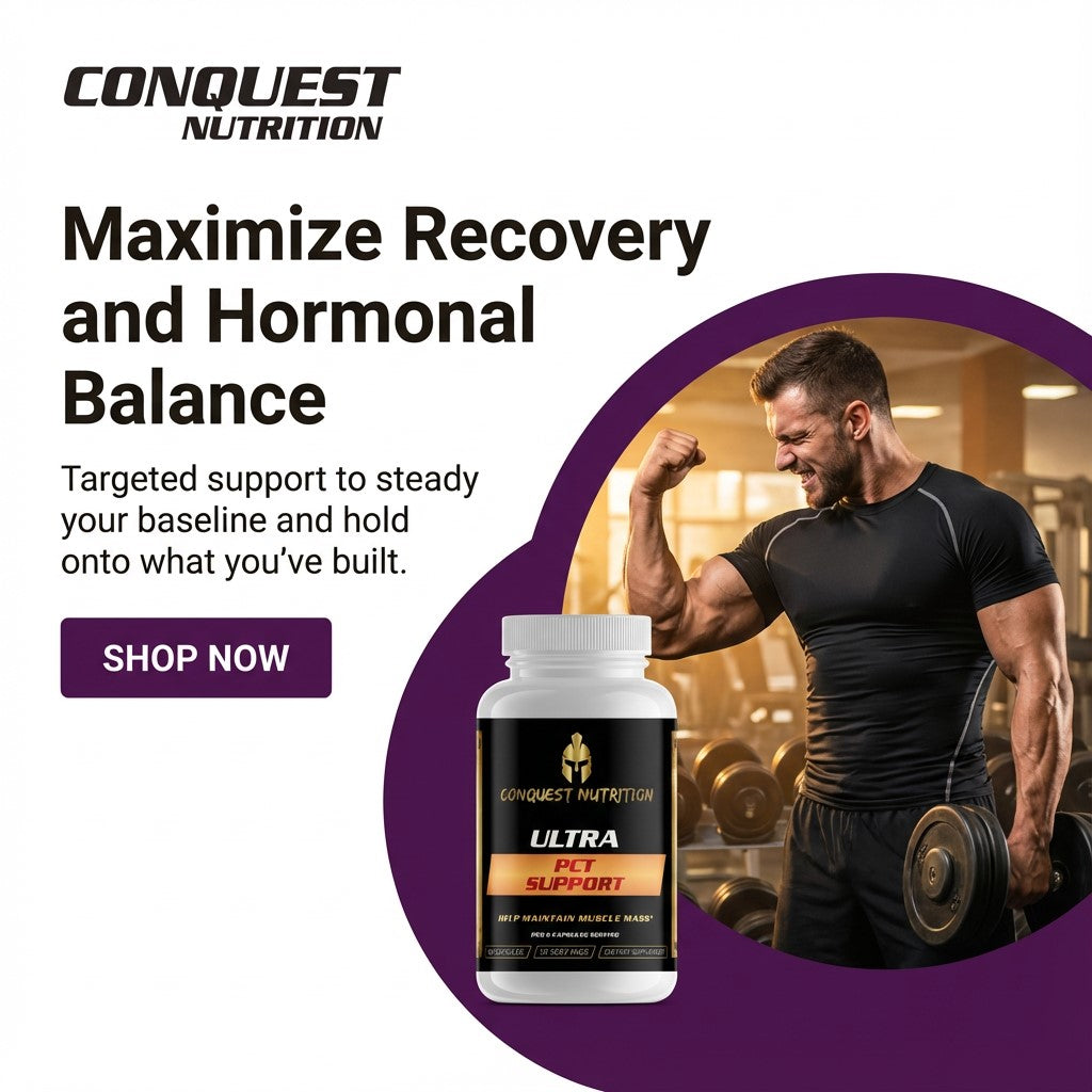 Advertisement for Conquest Nutrition supplement with a man lifting weights in the background.