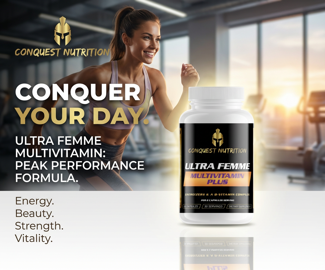 Advertisement for Conquest Nutrition Ultra Femme Multivitamin with a woman flexing muscles in a gym setting.
