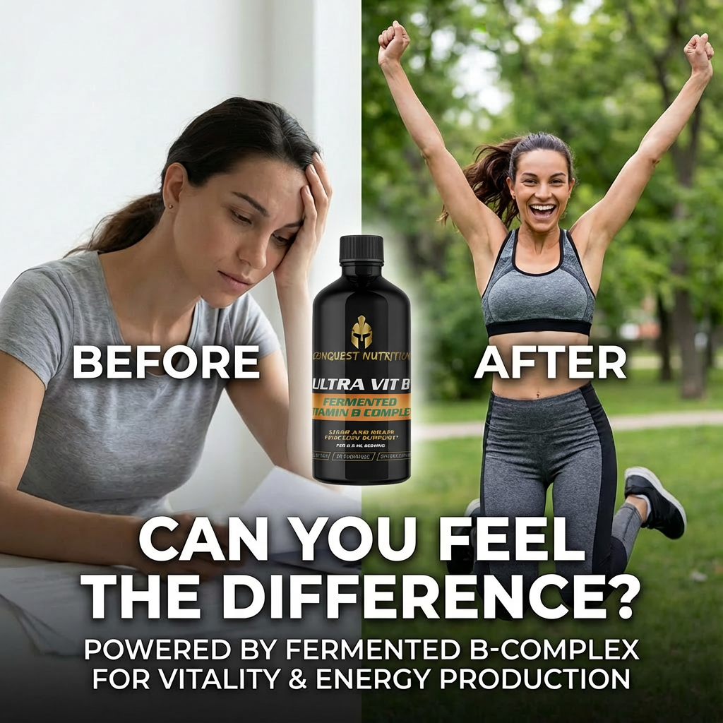 Before and after comparison of a woman with a supplement bottle, promoting a product for vitality and energy.