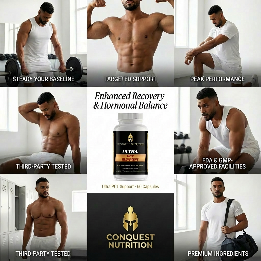 Collage of a man flexing muscles with text about Conquest Nutrition supplements and branding.