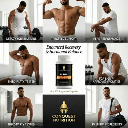 Collage of a man flexing muscles with text about Conquest Nutrition supplements and branding.