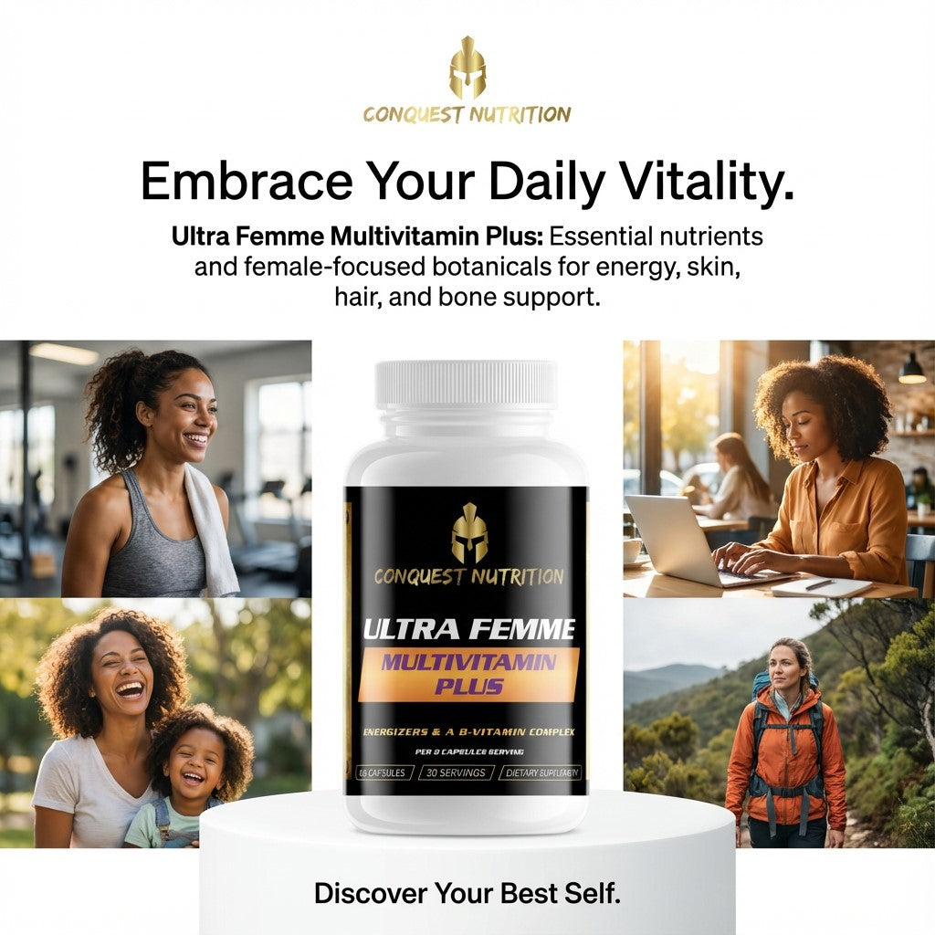 Conquest Nutrition Ultra Femme Multivitamin Plus bottle with lifestyle images of people in various settings.