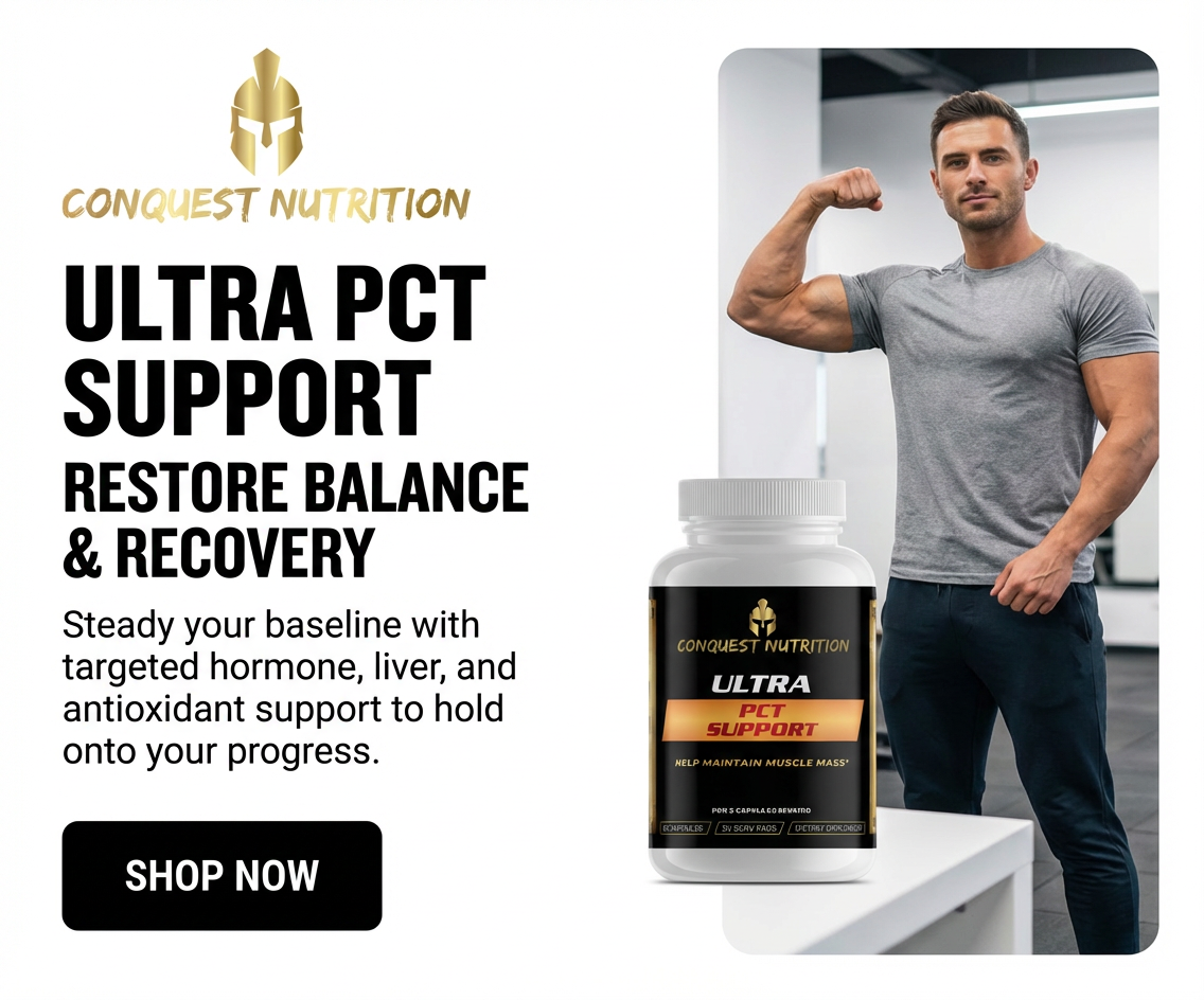 Conquest Nutrition Ultra PCT Support supplement with a man flexing muscles in the background