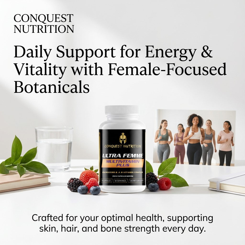 Conquest Nutrition Ultra Femme Multivitamin Plus bottle with berries and a glass of water on a white surface.