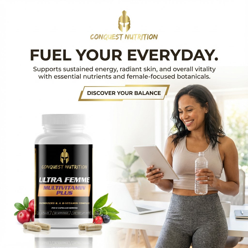 Conquest Nutrition Ultra Femme Multivitamin Plus with a woman holding a water bottle and tablet in a home office setting.