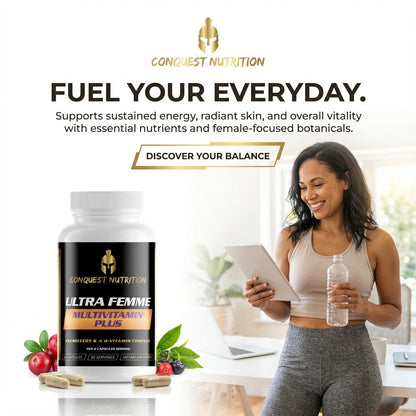 Conquest Nutrition Ultra Femme Multivitamin Plus with a woman holding a water bottle and tablet in a home office setting.