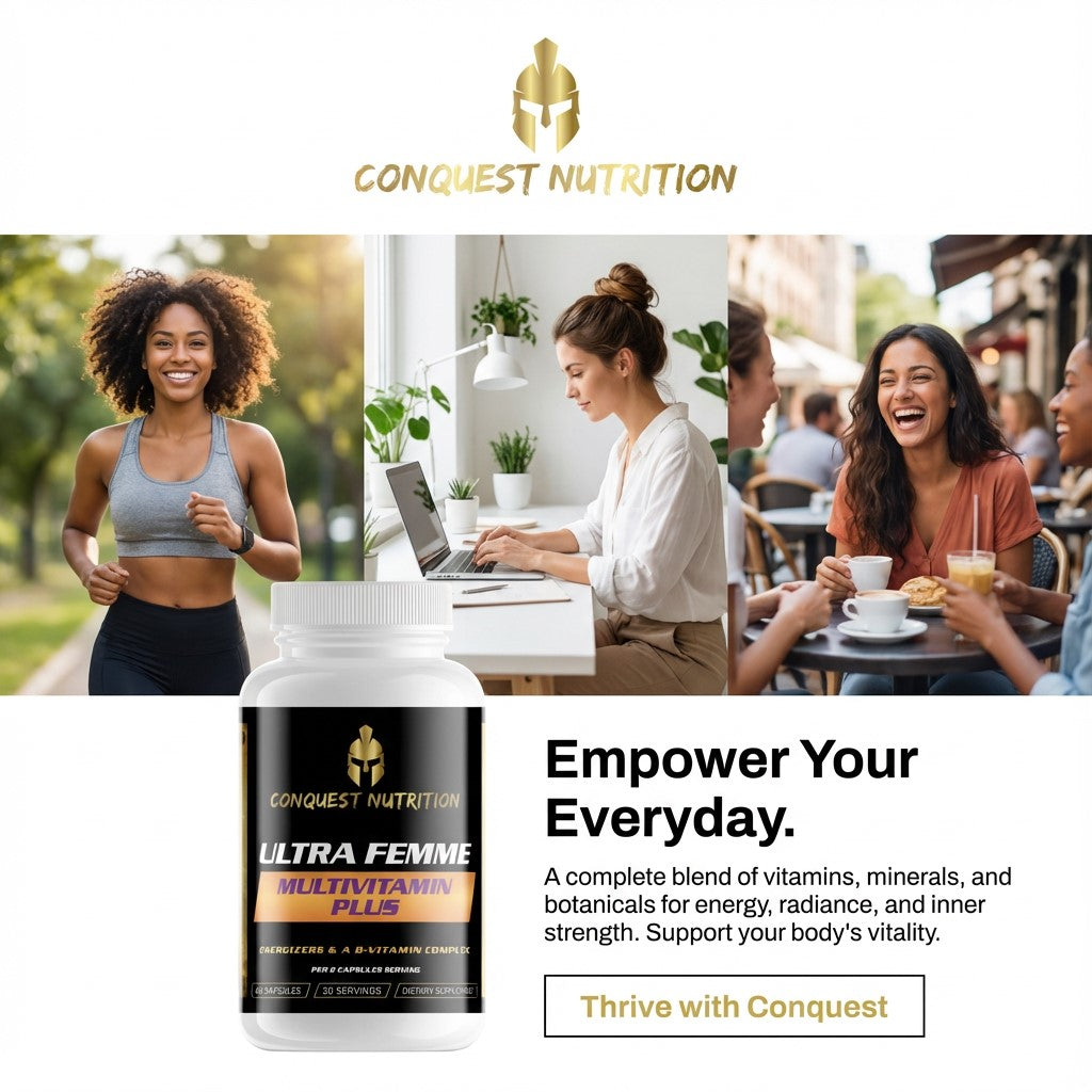 Advertisement for Conquest Nutrition Ultra Femme Multivitamin Plus with lifestyle images and product packaging.