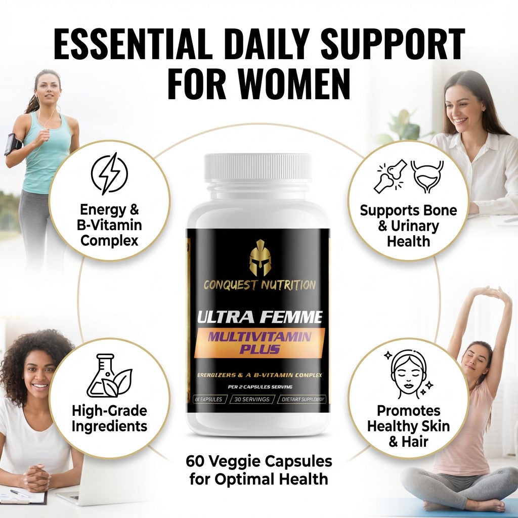 Conquest Nutrition Ultra Femme Multivitamin Plus bottle with lifestyle images of women and health benefits text.