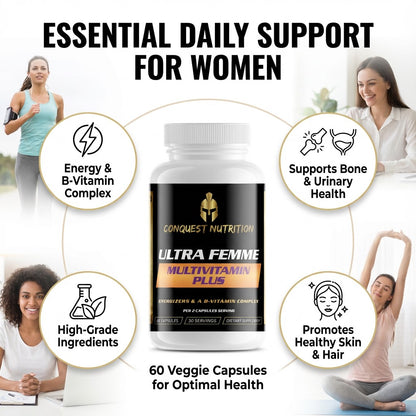 Conquest Nutrition Ultra Femme Multivitamin Plus bottle with lifestyle images of women and health benefits text.