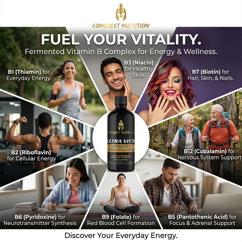 Advertisement for Conquest Nutrition Ultra Vite supplement bottle with lifestyle images and product details.