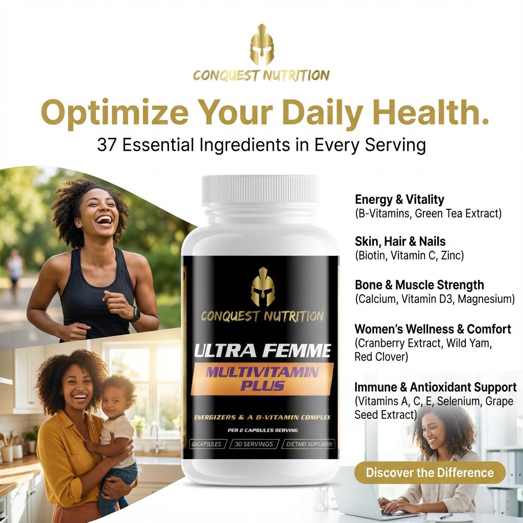 Conquest Nutrition Ultra Femme Multivitamin Plus bottle with lifestyle images and product details.