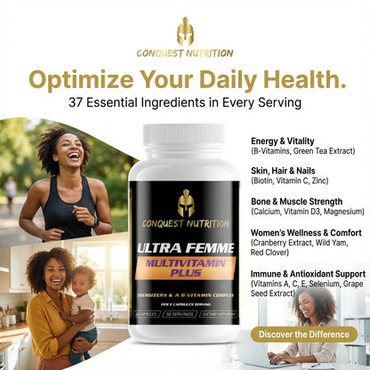 Conquest Nutrition Ultra Femme Multivitamin Plus bottle with lifestyle images and product details.