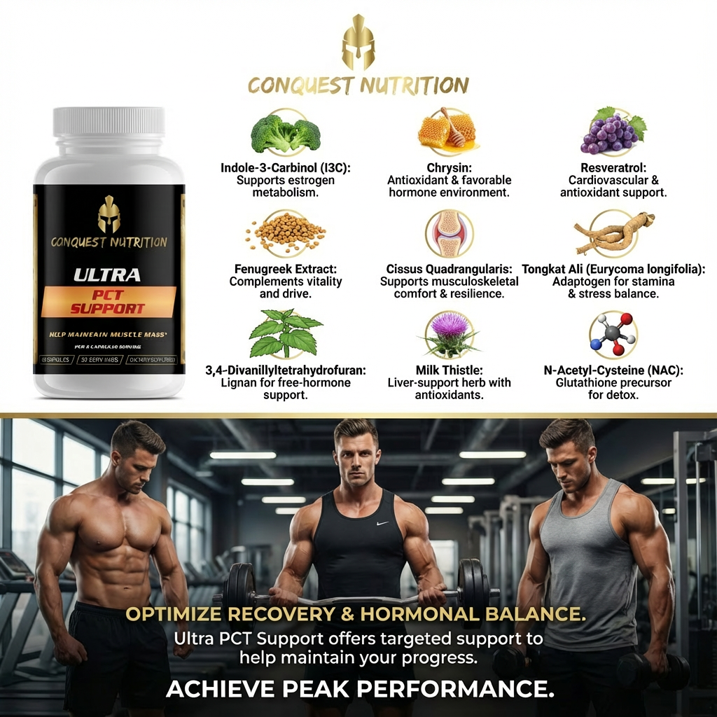 Conquest Nutrition Ultra PCT Support supplement with ingredients and fitness models in a gym.