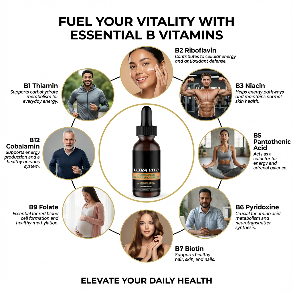 Promotional graphic for essential B vitamins with images of people and a bottle labeled 'Ultra Vite'.